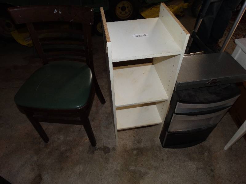 lot 394 image: Shoe rack, vintage chair, storage tower, metal slide case