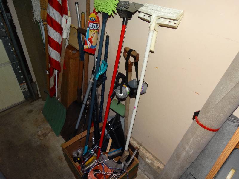 lot 408 image: Large lot of long handle tools flags cleaning supplies misc.