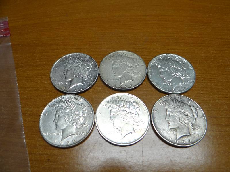 lot 123 image: 6 silver dollars- 5 are 1922, 1 is 1923