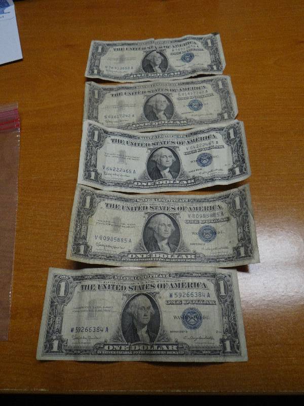lot 130 image: 5- 1957 silver certificates
