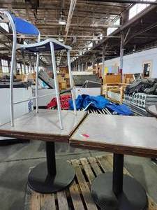 lot 22134 image: (2) Commercial Restaurant Tables with (1) Blue Metal Chair - Round Base Pedestal Tables