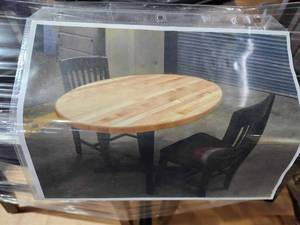 lot 22139 image: Oval Butcher Block Table with Dark Wood Chairs