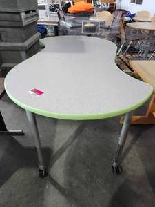 lot 22155 image: Mobile Curved Conference Table with Green Edge and Adjustable Height