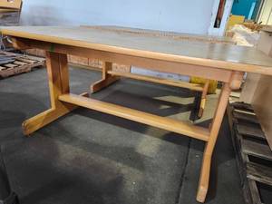 lot 22156 image: Solid Oak Trestle Table with Laminate Top