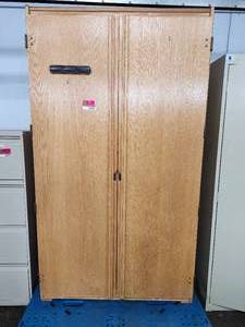lot 22174 image: Light Oak Wood Wardrobe Storage Cabinet with Hanging Rod