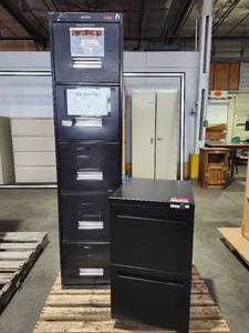 lot 22180 image: Black Metal Filing Cabinets - 5-Drawer Vertical and 2-Drawer Lateral