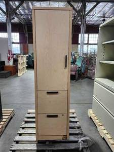 lot 22181 image: Tall Storage Cabinet with Black Shelves and Maple Finish
