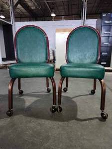 lot 22244 image: Mid-Century Rolling Chairs with Green Vinyl Upholstery and Bronze Frame