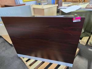 lot 21800 image: NBF Signature Cherry Wood Laminated Desk With Glass Overhead Shelf