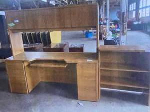lot 21802 image: Laminated Wood Desk With Overhead Cabinets And Bookshelf