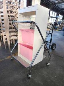 lot 22268 image: Mobile Storage Cart with Pink Bins and Wire Basket