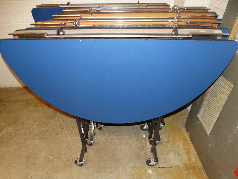 lot 763 image: 5 folding round cafeteria tables on wheels