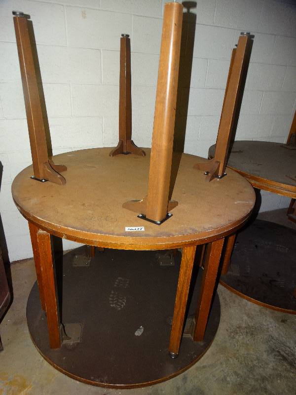 lot 674 image: 3 round classroom tables w wood legs