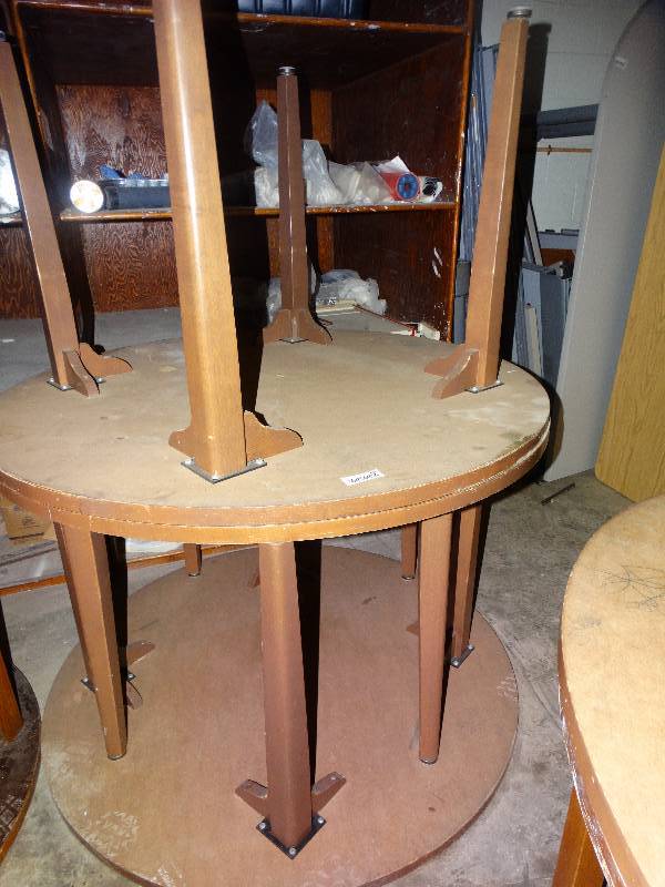 lot 676 image: 3 round classroom tables w wood legs