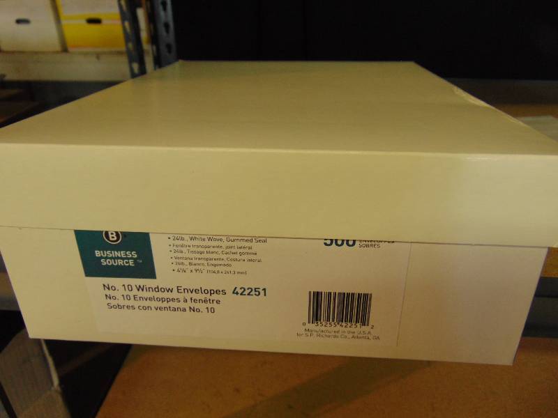 lot 2142 image: (1) box Business Source No. 10 window envelopes, PN 42251, 500 envelope per box