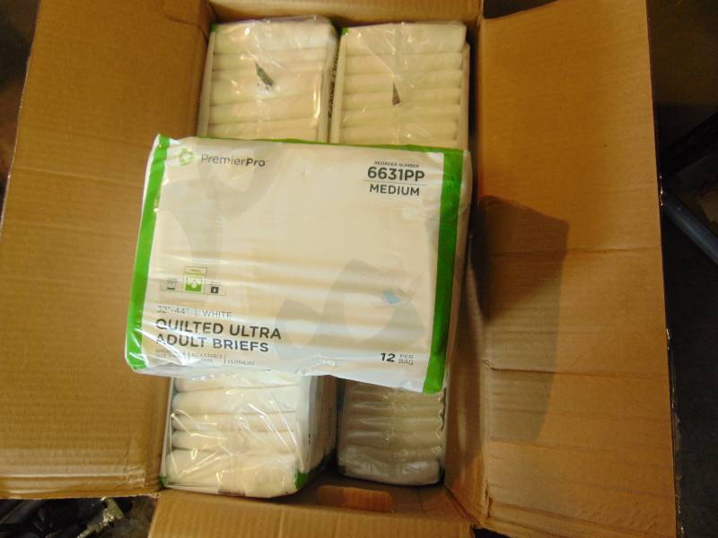 lot 2148 image: (1) box Premium Pro Adult Briefs reorder # 6631PP, Medium 32-34, heavy absorbancy, (8) bags per box, (12) briefs per bag (12 x 8 96 total)