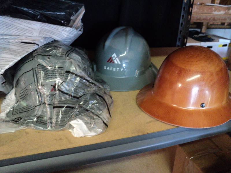lot 2153 image: (4) ct. lot Safety helmets (3) gray w inserts, (1) brown wo insert