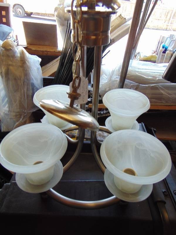 lot 9040 image: Hampton Bay Chandelier, 21 x 24 T, approx 10 lbs, brushed nickel finish, frosted glass, no box