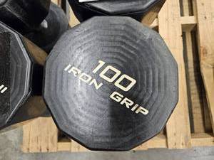lot 9690 image: (2) 100lbs Iron Grip Dumbbells