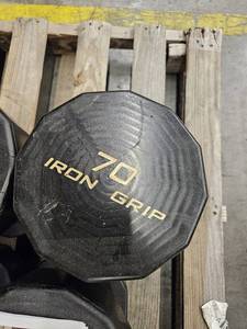 lot 9694 image: (1) 70lb Iron Grip Dumbbell