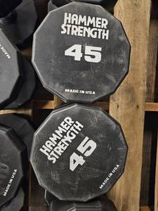 lot 9705 image: (2) 45lb Hammer Strength Dumbbells