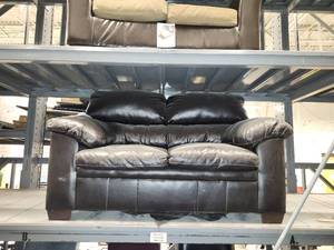lot 15673 image: Brown Faux Leather Loveseat