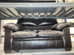 lot 15674 image: Brown Faux Leather Loveseat
