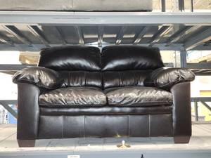 lot 15675 image: Brown Faux Leather Loveseat