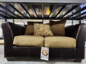lot 15687 image: Brown Faux Leather and Cloth Loveseat WDecorative Pillows
