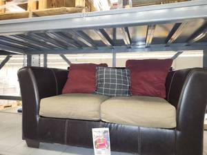 lot 15688 image: Brown Faux Leather and Cloth Loveseat W3 Decorative Pillows