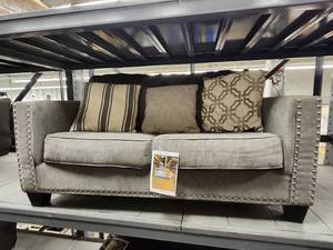 lot 15690 image: Grey Fabric Loveseat W3 Decorative Pillows