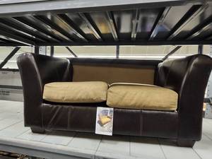 lot 15692 image: Brown Faux Leather and Fabric Loveseat, No Back Cushions
