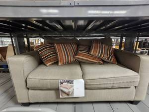 lot 15700 image: Grey And Cream Loveseat W4 Decorative Pillows