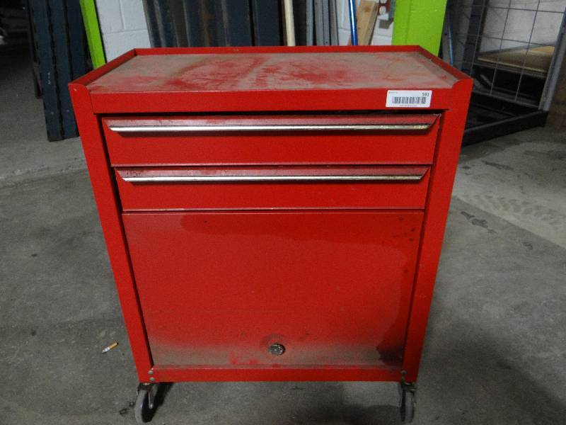 lot 591 image: Toolbox on wheels- 2 drawers & Bottom door w contents.