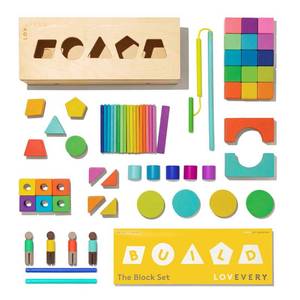 lot 3537 image: LOVEVERY  The Block Set  Solid Wood Building Blocks and Shapes  Wooden Storage Box, 70 Pieces, 18 Colors, 20 Activities, Toddler Block Set and Converts into a Pull Car, Ages 12 to 48 months - Retail $89.83
