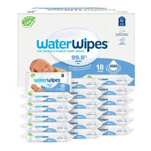 lot 3545 image: WaterWipes Plastic-Free Original Baby Wipes, 99.9% Water Based Wipes, Unscented and Hypoallergenic for Sensitive Skin, 1080 Count (18 packs)