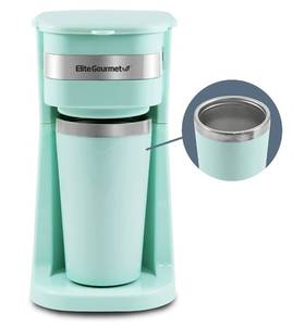 lot 3561 image: Elite Gourmet EHC117M Personal Single-Serve Compact Coffee Maker Brewer Includes 14Oz. Thermal Travel Mug with Stainless Steel Interior, Compatible with Coffee Grounds, Reusable Filter, Mint