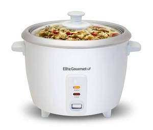 lot 3582 image: Elite Gourmet ERC-003 Electric Rice Cooker with Automatic Keep Warm Makes Soups, Stews, Grains, Hot Cereals, White, 6 Cups Cooked (3 Cups Uncooked)