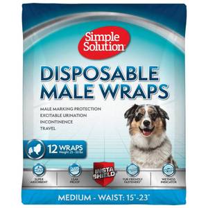lot 3596 image: Simple Solution Disposable Dog Diapers Wraps for Male Dogs, True Fit, Absorbent, Leak Proof with Wetness Indicator, Puppy and Doggie Diaper for Peeing, For Medium Pets, 15 � 23 Inch Waist, 30 Count