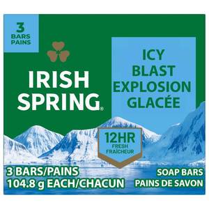 lot 5457 image: Irish Spring Icy Blast Bar Soap for Men, Mens Soap, Smell Fresh and Clean 12 Hours, Men Bars Washing Hands Body, Mild Skin, Recyclable Carton, 24 Pack, 3.7 Oz