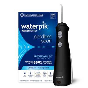 lot 5472 image: Waterpik Cordless Pearl Rechargeable Portable Water Flosser for Teeth, Gums, Braces Care and Travel with 4 Flossing Tips - ADA Accepted, WF-13 Black, Packaging May Vary