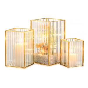 lot 5490 image: Hewory Gold Hurricane Candle Holder 3PCS Ribbed Hurricane Glass Candle Holders for Pillar Candles, Square Pillar Candle Holders for Table Centerpiece Wedding Christmas, Home Decor for Kitchen Patio