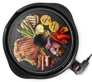 lot 5495 image: Elite Gourmet EMG1100 11in Electric Indoor Nonstick Grill Dishwasher Safe, Cool Touch, Fast Heat Up Ideal Low-Fat Meals, Includes Tempered Glass Lid, Black