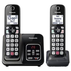 lot 5504 image: Panasonic Cordless Phone with Answering Machine, Advanced Call Block, Bilingual Caller ID and Easy to Read High-Contrast Display, Expandable System with 2 Handsets - KX-TGD832M (Metallic Black)