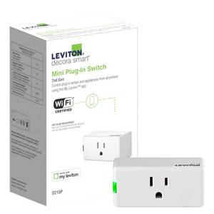 lot 6134 image: Leviton Decora Smart Plug, Wi-Fi 2nd Gen, Works with Matter, My Leviton, Alexa, Google Assistant, Apple HomeSiri and Wire-Free Anywhere Companions for Switched Outlet, D215P-2RW, White