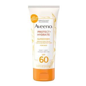 lot 6149 image: Aveeno Protect  Hydrate Sunscreen Moisturizing Face Lotion with Broad Spectrum SPF 60 and Prebiotic Oat, Paraben, Phthalate, Oxybenzone and Oil Free Sunscreen for Sensitive Skin, 2.0 FL OZ