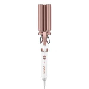 lot 6174 image: Conair Double Ceramic 3 Barrel Curling Iron, Hair Waver, Create Beachy Waves, Long-Lasting Natural Tight Waves for all Hair Lengths, White  Rose Gold