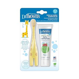 lot 6383 image: Dr. Brownfts Infant-to-Toddler Training Toothbrush Set with Fluoride-Free Baby Toothpaste, Strawberry - Giraffe - 1.4oz - 0-3 years
