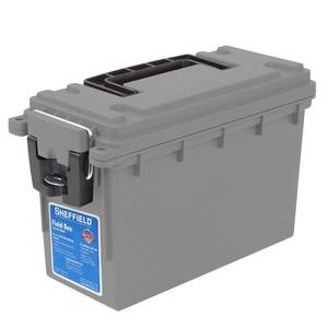 lot 6446 image: Sheffield 12628 Ammo Storage Box, Stackable .30 Cal Field Boxes, Water and Dust Resistant, Lockable Storage Box with Handle, Secures Hunting Gear, Supplies, and Bullets, Made in USA, Gray, 1-Pack
