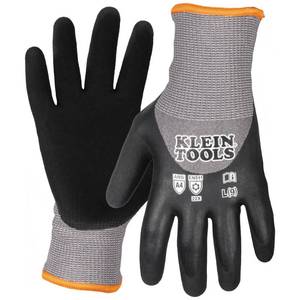 lot 6470 image: Klein Tools 60839 Winter Work Gloves, Knit Dipped ANSI A4 Cut Resistant Gloves, Sandy Latex Coated, Fleece-Lined, Touchscreen Capable, Large